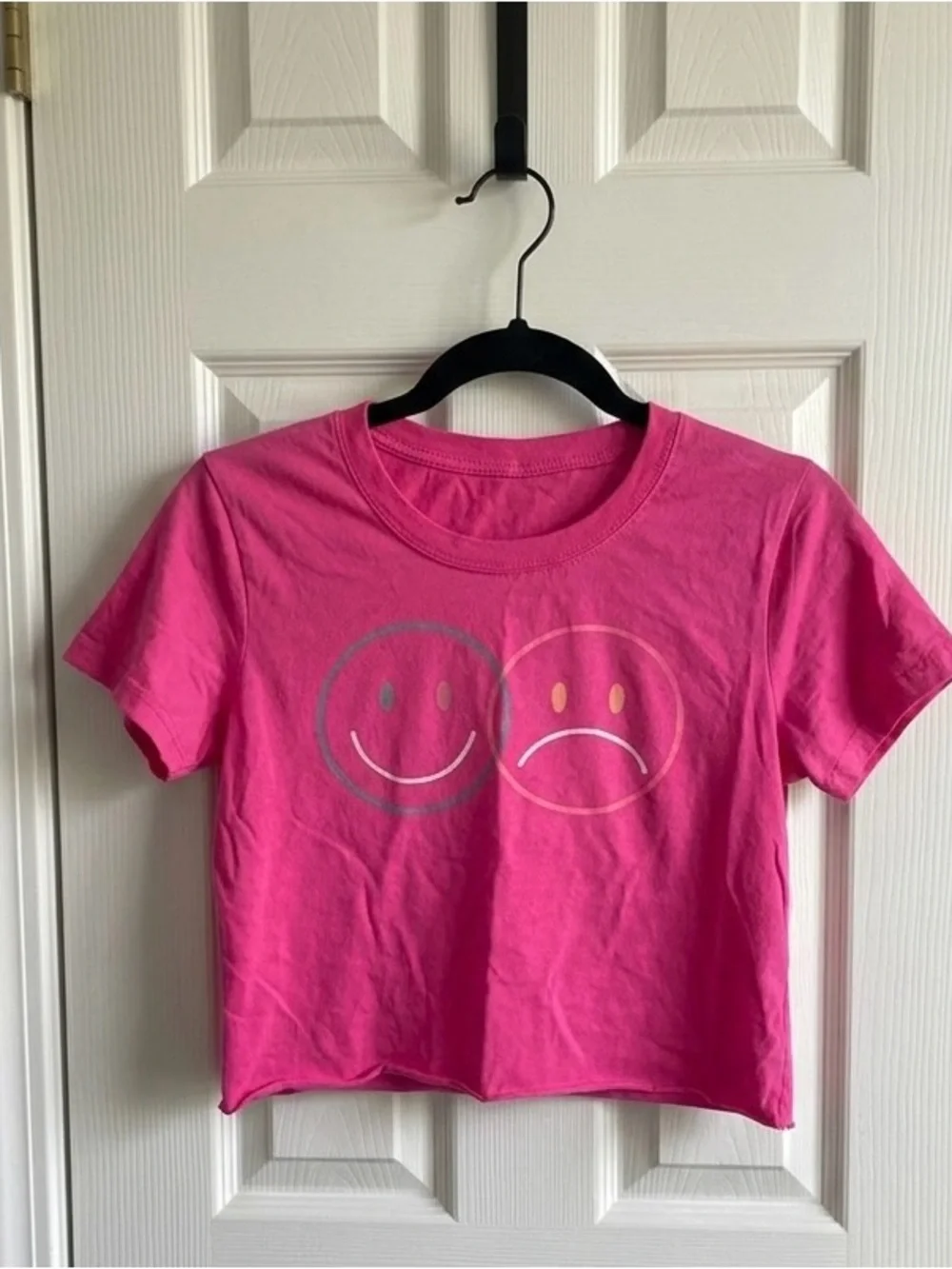 Hot Pink Happy Sad Smiley Face Crop Top Medium